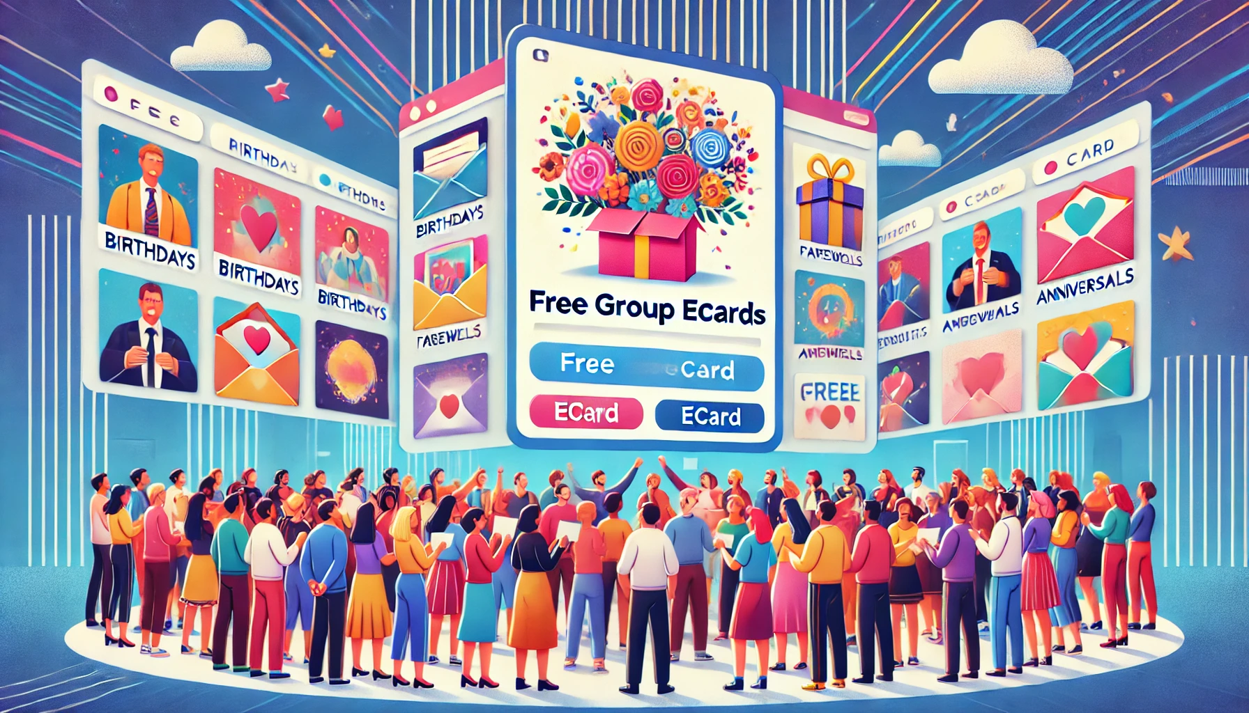 A vibrant digital greeting card scene featuring a diverse group of people joyfully creating and sending free group eCards. The background showcases a modern digital interface with colorful eCard templates for various occasions, including birthdays, farewells, anniversaries, and celebrations